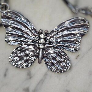 Silver Tone Butterfly Pendant Necklace Rhinestone Detail Black Cord 32"